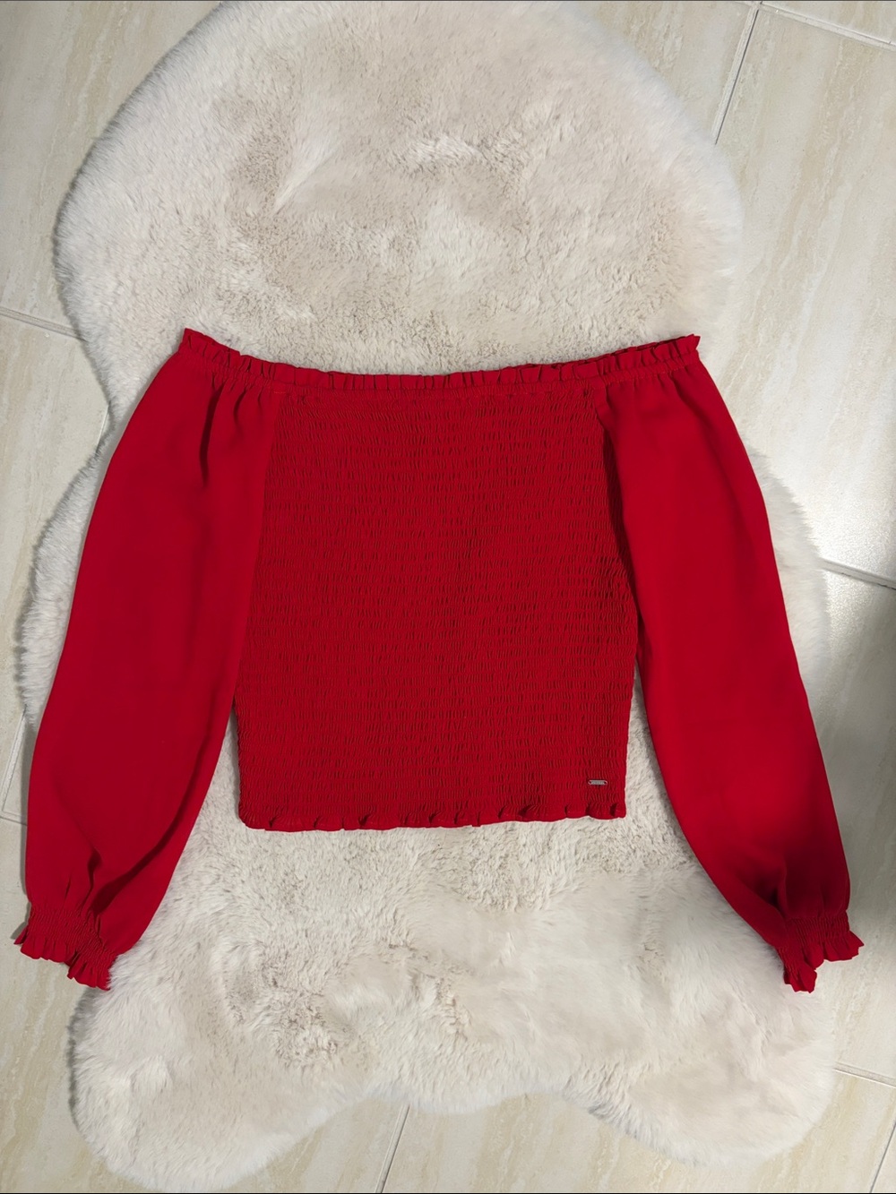Guess Red Off-Shoulder Smocked Top - S